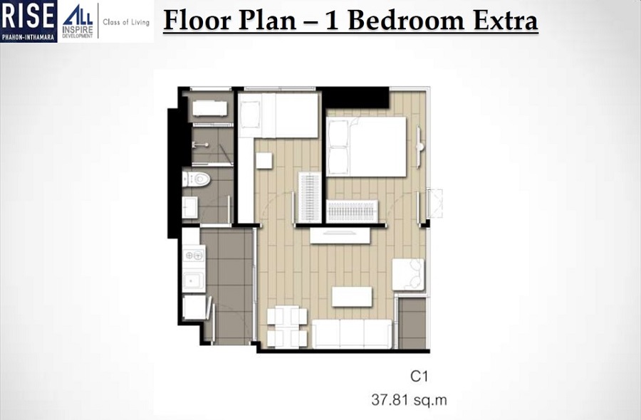 Rise Phahon Inthamara Bangkok condo 1 bedroom extra floor plan